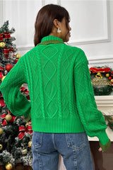 Cable - Knit Ruffled Mock Neck Lantern Sleeve Sweater - Admiresty