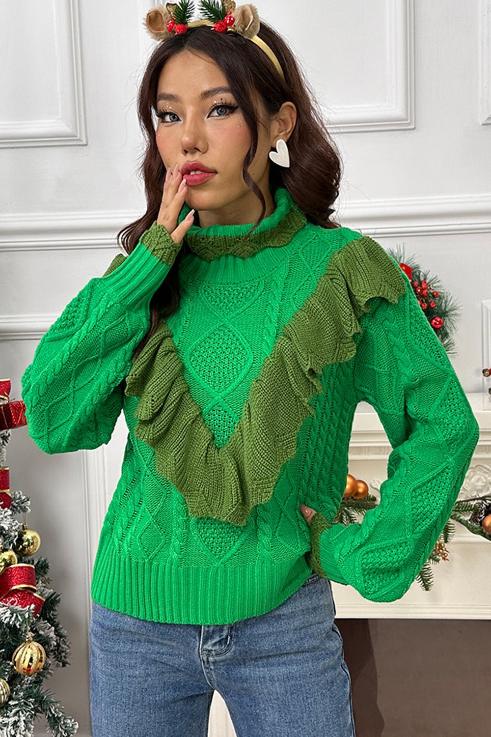 Cable - Knit Ruffled Mock Neck Lantern Sleeve Sweater - Admiresty