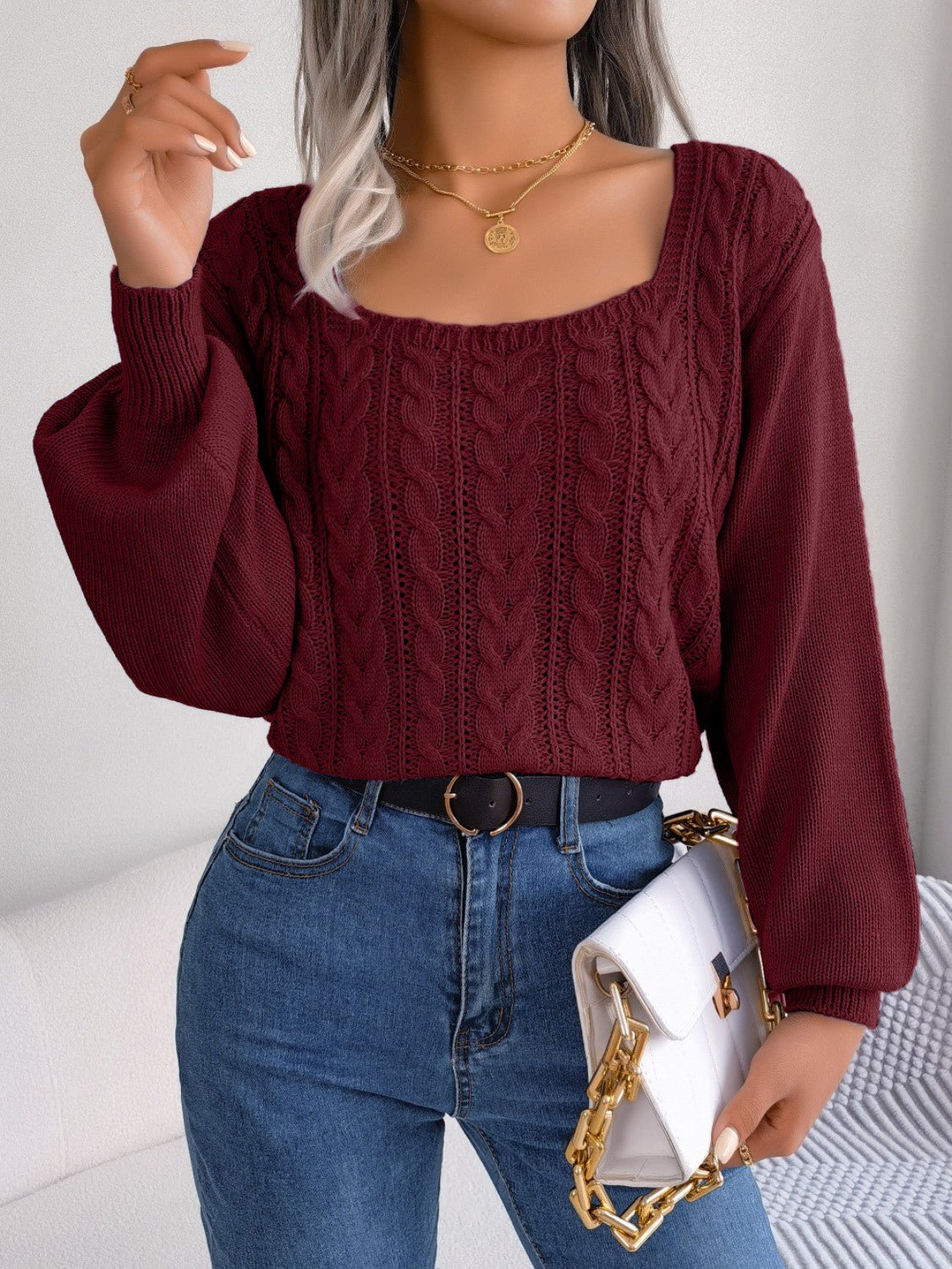 Cable - Knit Square Neck Long Sleeve Sweater - Admiresty