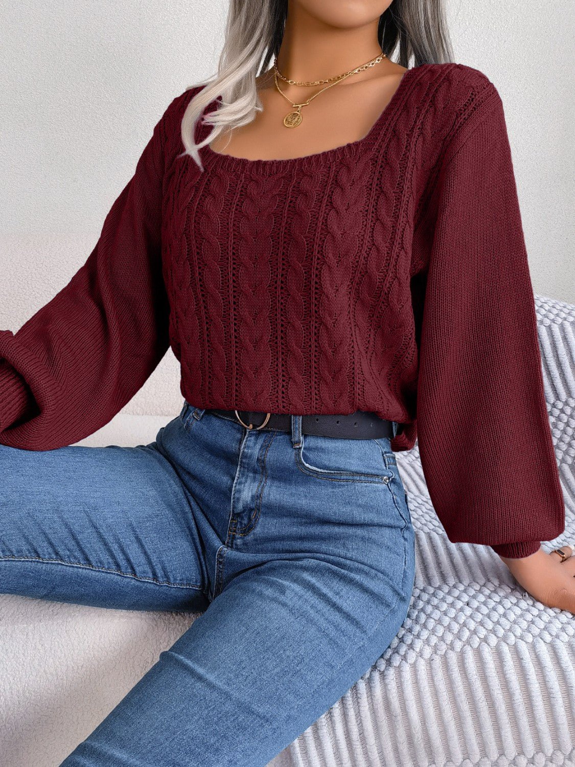 Cable - Knit Square Neck Long Sleeve Sweater - Admiresty