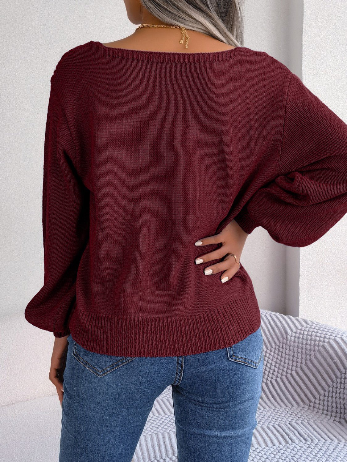 Cable - Knit Square Neck Long Sleeve Sweater - Admiresty