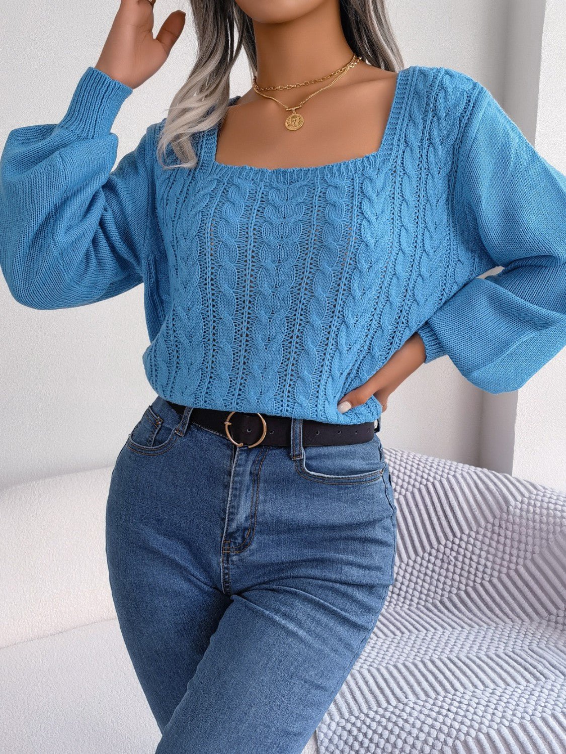 Cable - Knit Square Neck Long Sleeve Sweater - Admiresty