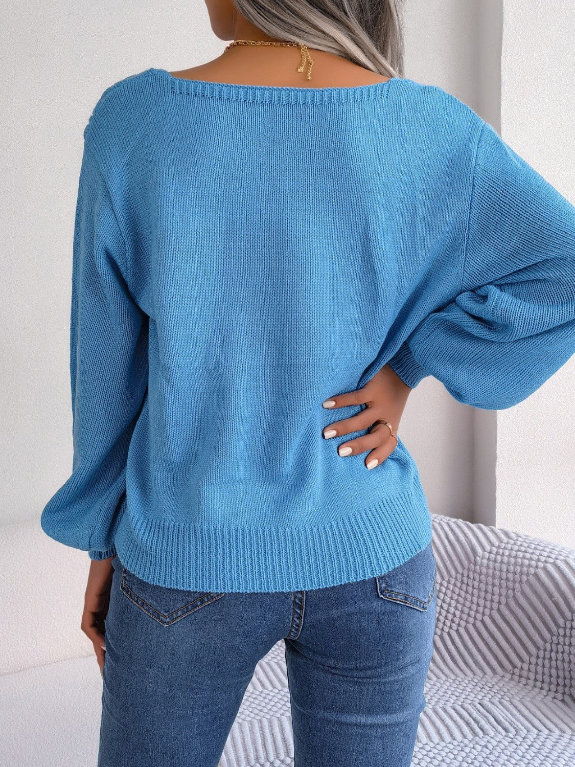 Cable - Knit Square Neck Long Sleeve Sweater - Admiresty