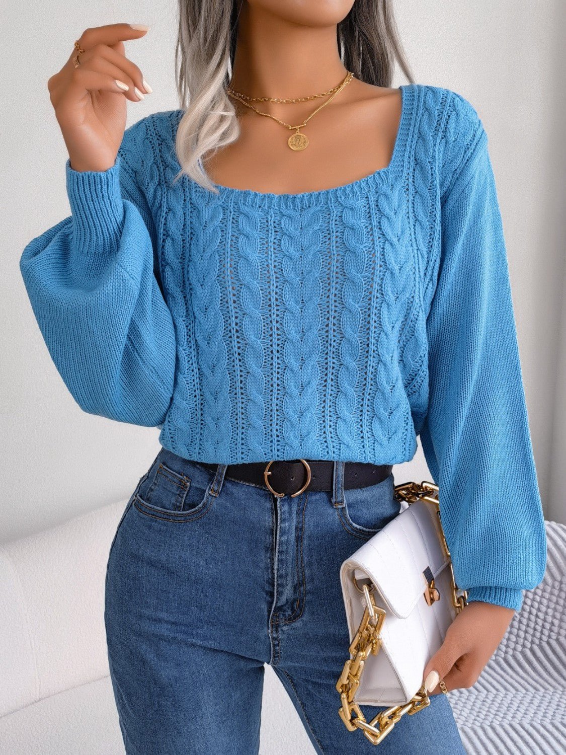 Cable - Knit Square Neck Long Sleeve Sweater - Admiresty