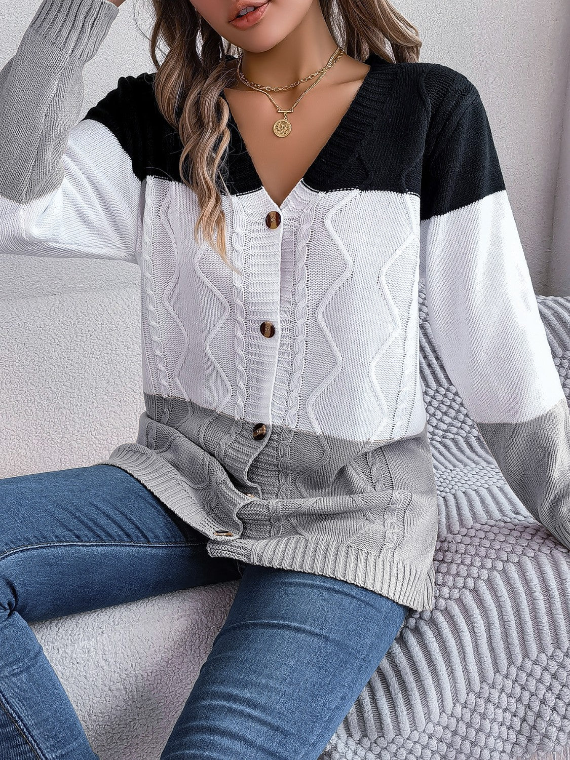 Cable - Knit Striped Button Up Cardigan - Admiresty