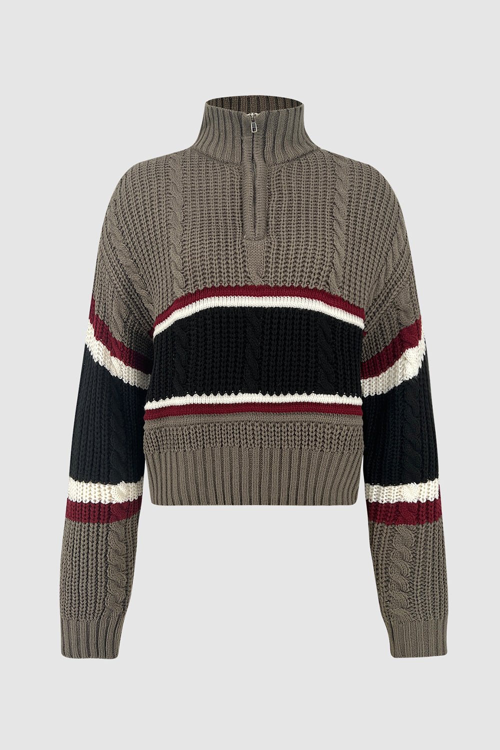 Cable - Knit Striped Quarter Zip Turtleneck Sweater - Admiresty