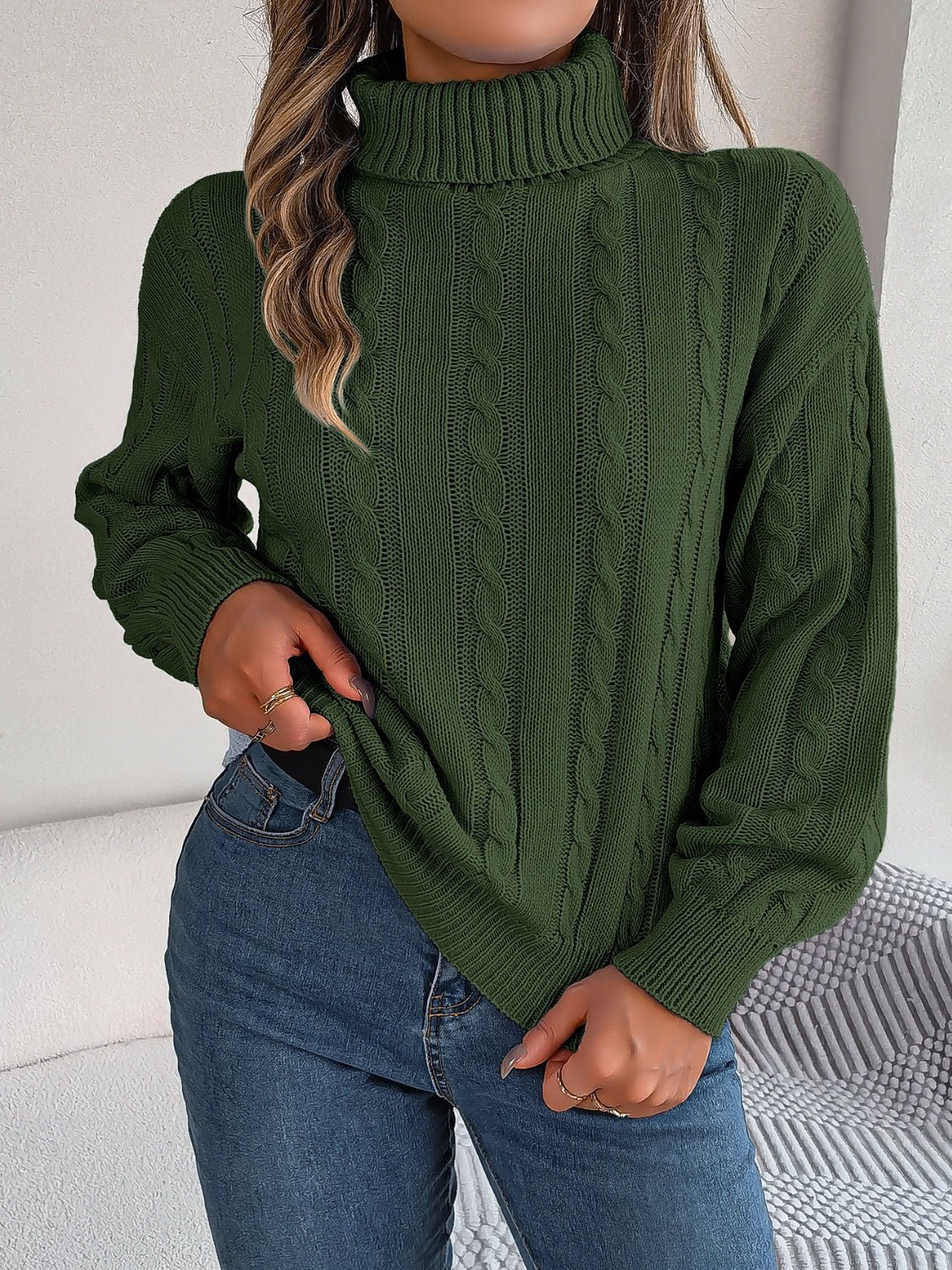 Cable - Knit Turtleneck Dropped Shoulder Sweater - Admiresty