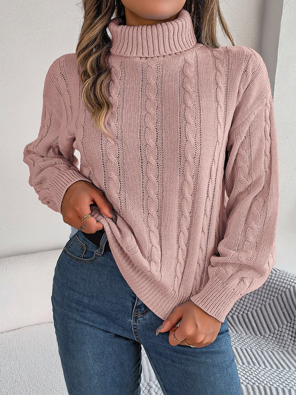 Cable - Knit Turtleneck Dropped Shoulder Sweater - Admiresty