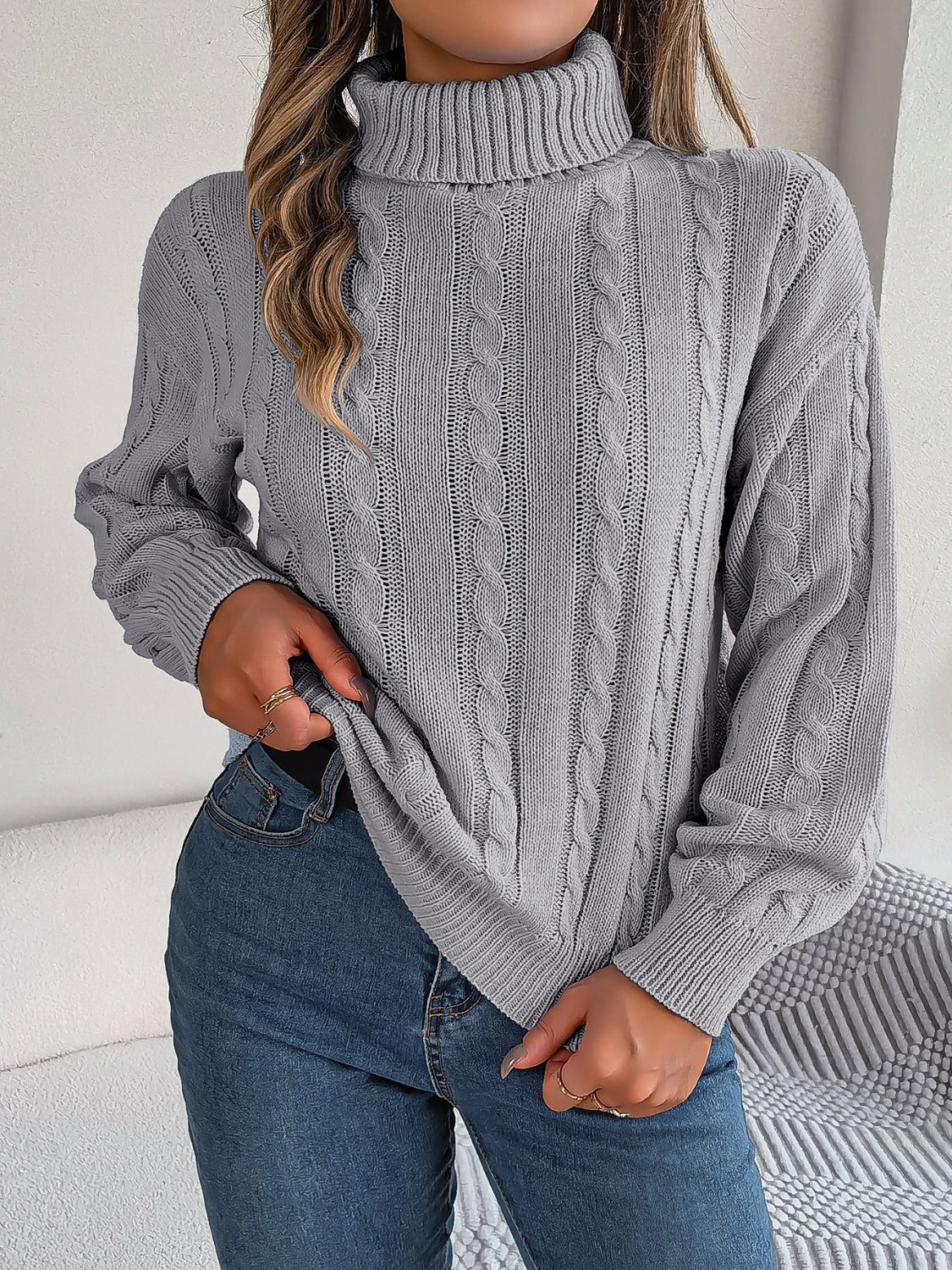 Cable - Knit Turtleneck Dropped Shoulder Sweater - Admiresty