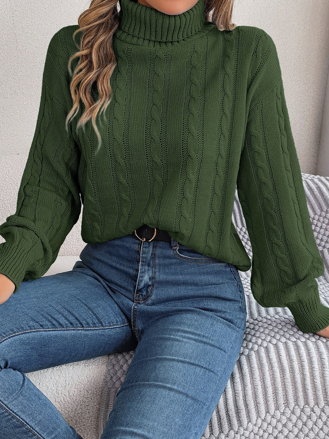 Cable - Knit Turtleneck Dropped Shoulder Sweater - Admiresty