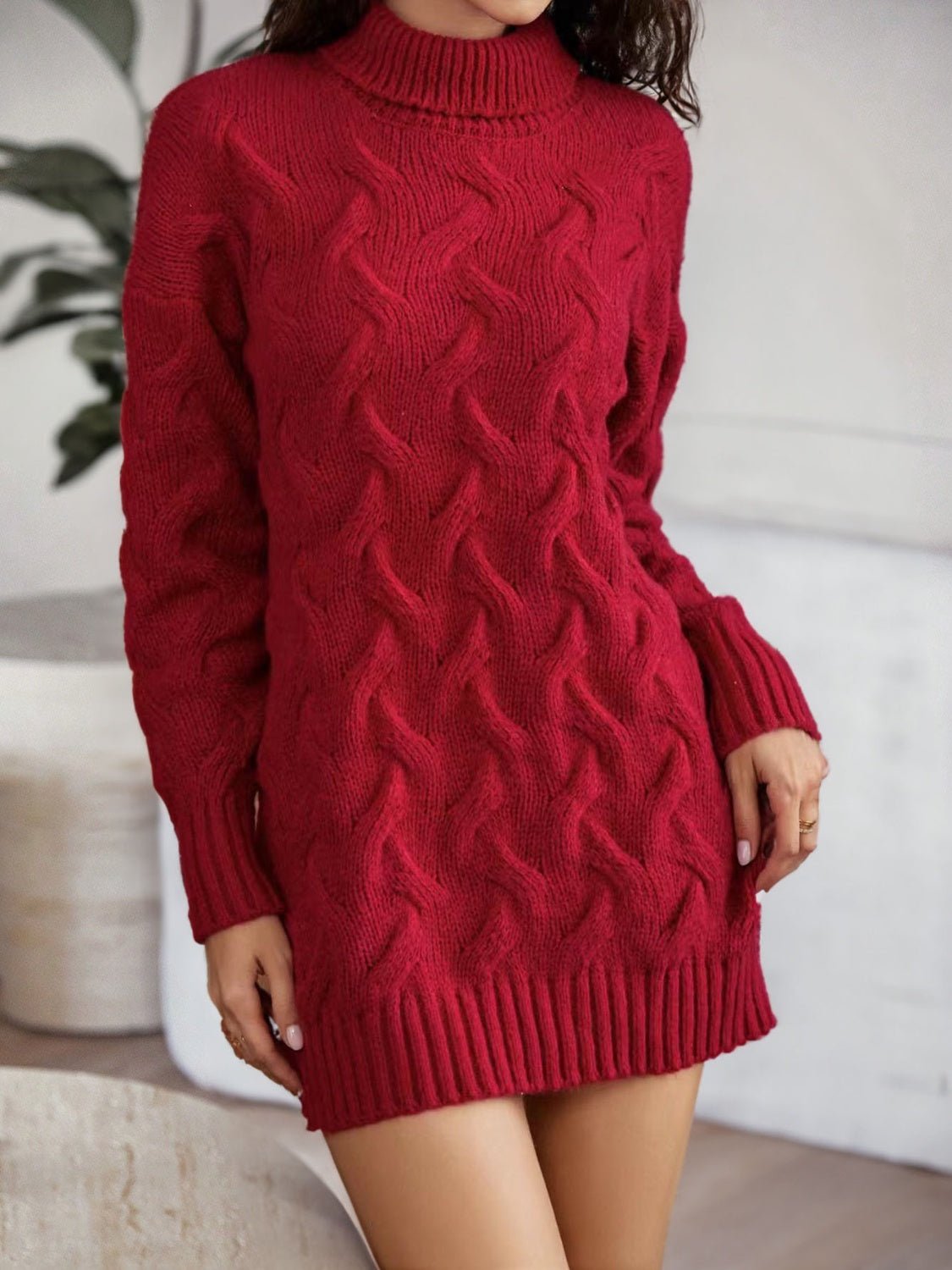 Cable - Knit Turtleneck Sweater Dress - Admiresty