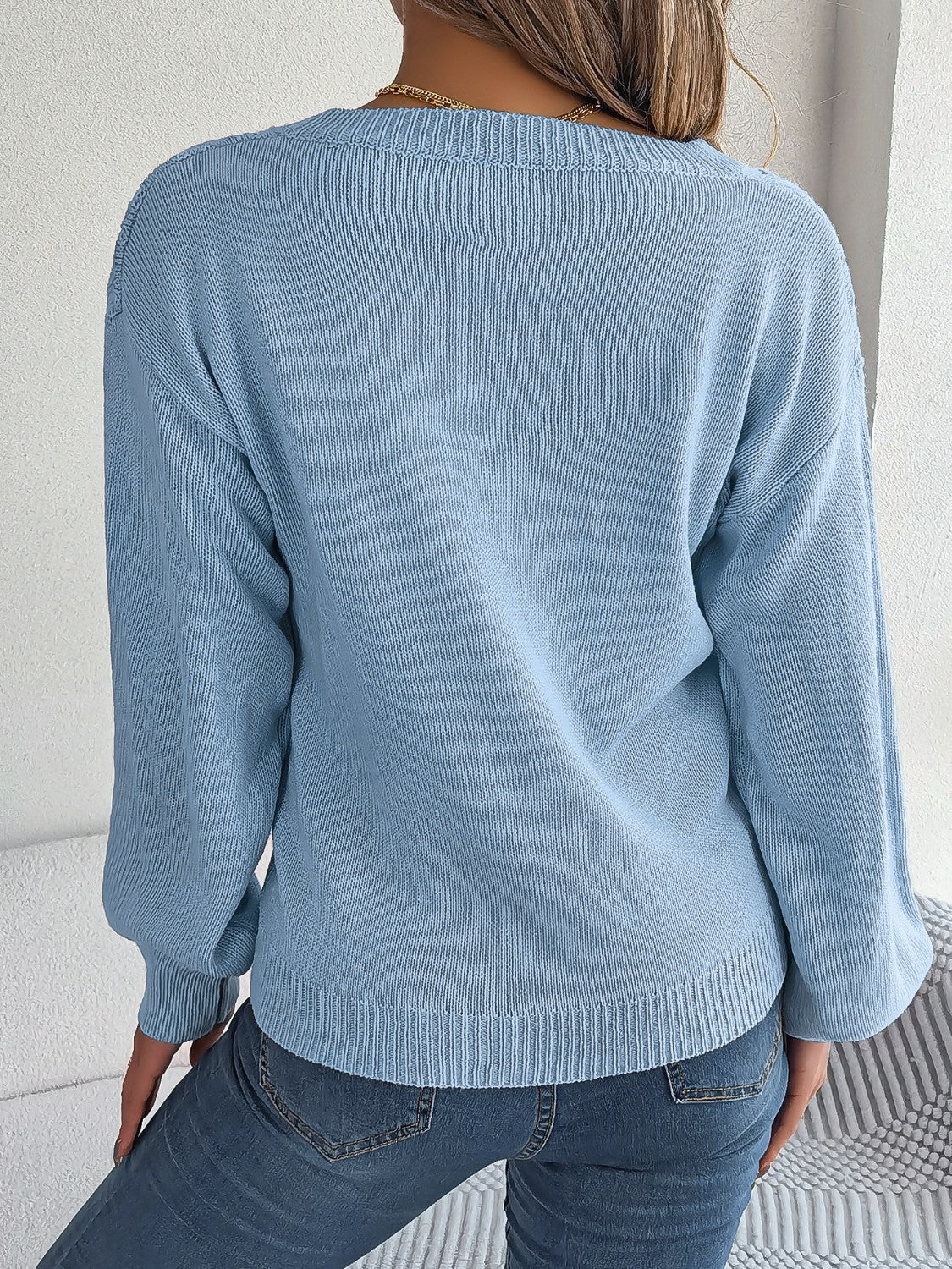 Cable - Knit V - Neck Lantern Sleeve Sweater - Admiresty