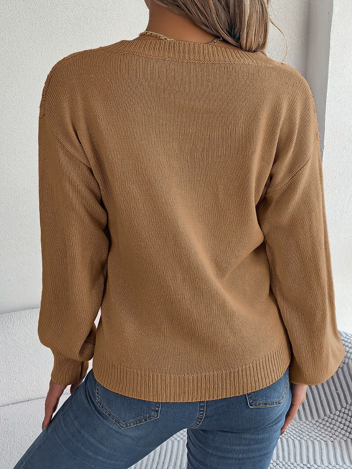 Cable - Knit V - Neck Lantern Sleeve Sweater - Admiresty