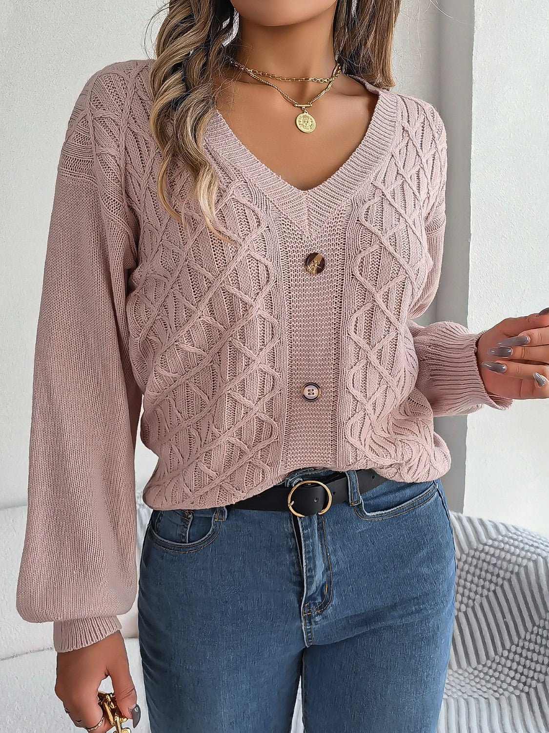 Cable - Knit V - Neck Lantern Sleeve Sweater - Admiresty