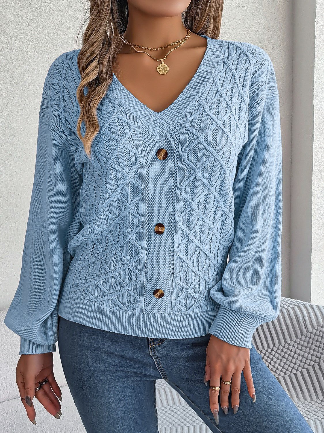 Cable - Knit V - Neck Lantern Sleeve Sweater - Admiresty