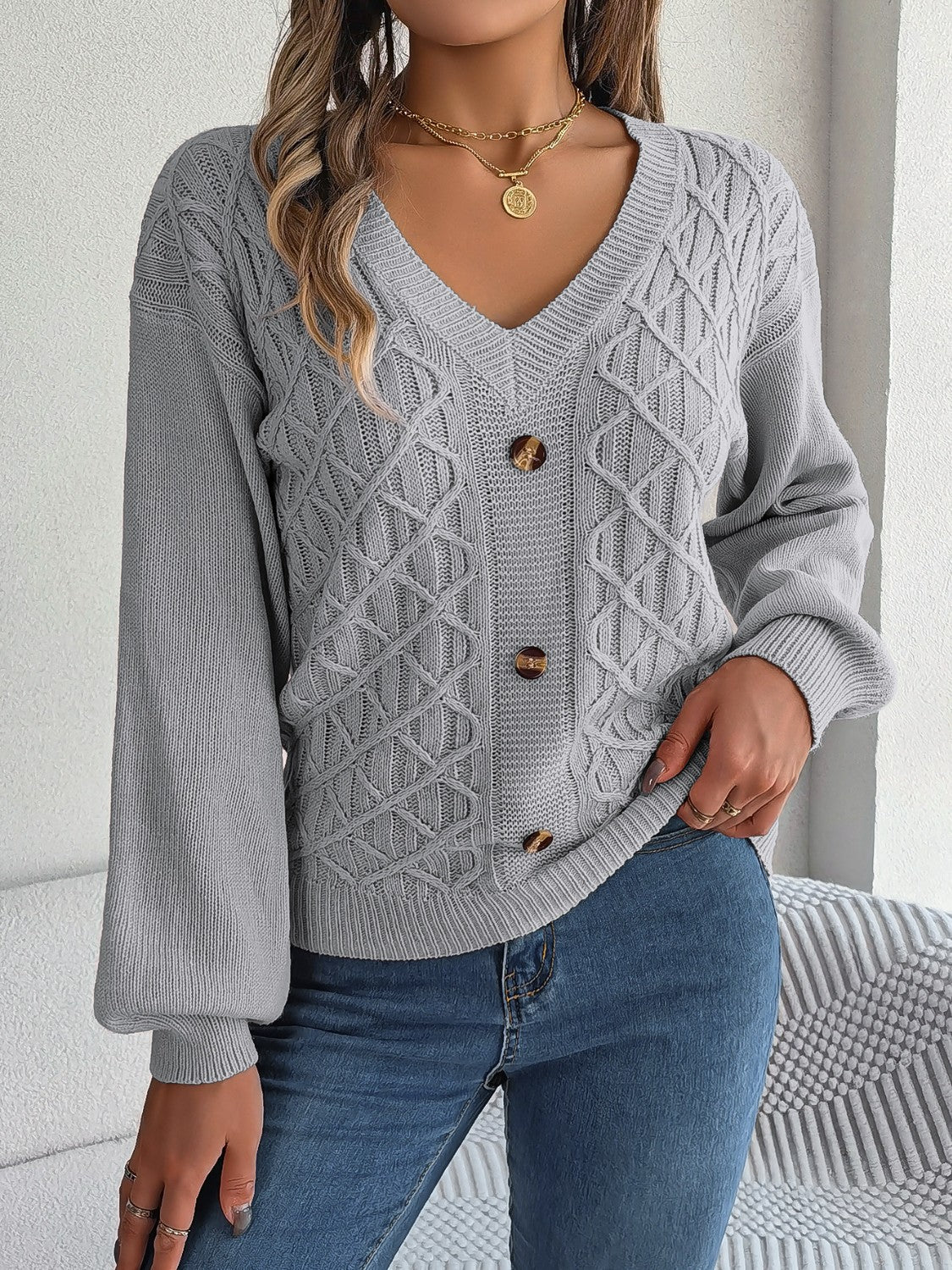 Cable - Knit V - Neck Lantern Sleeve Sweater - Admiresty