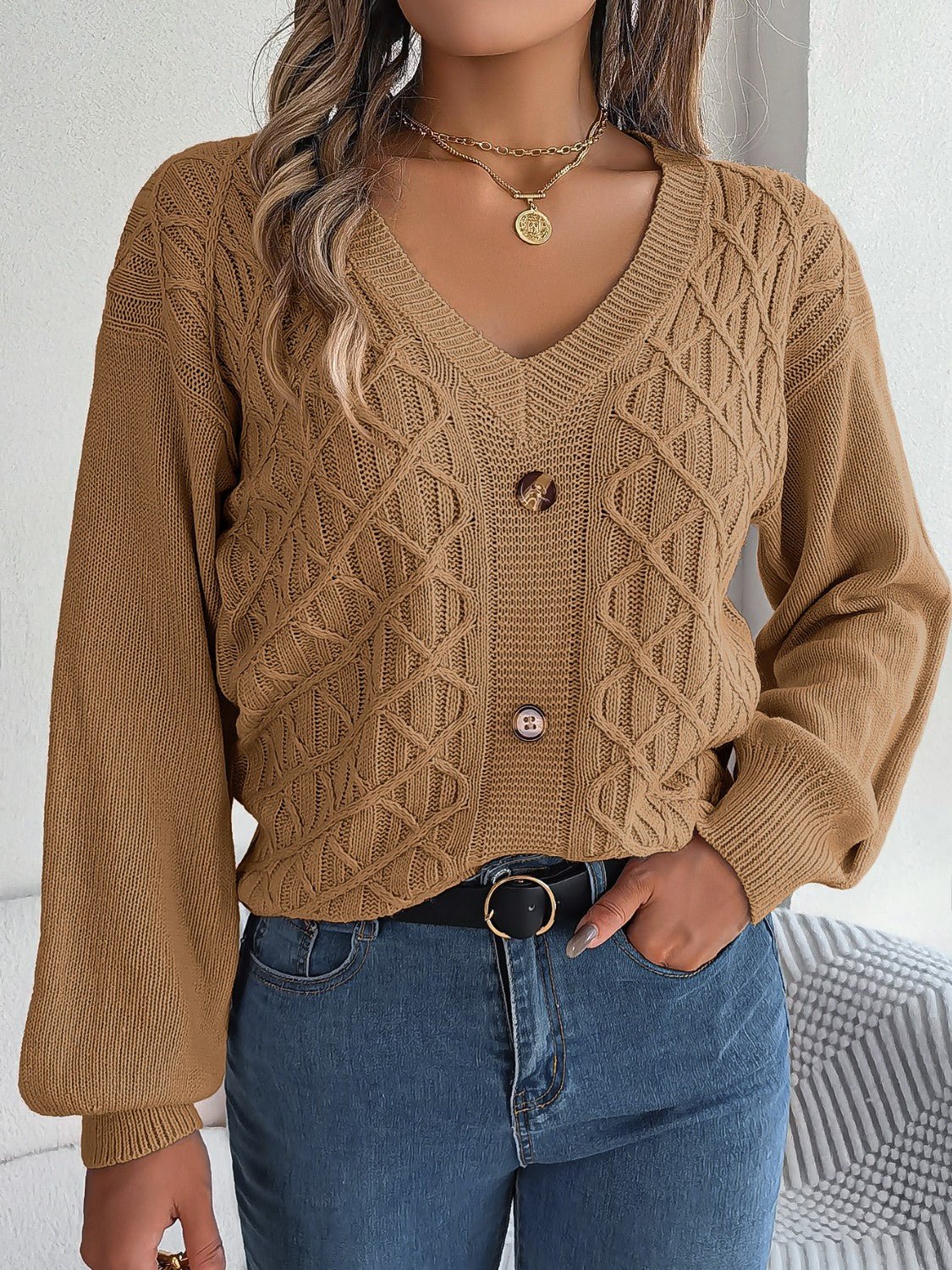 Cable - Knit V - Neck Lantern Sleeve Sweater - Admiresty