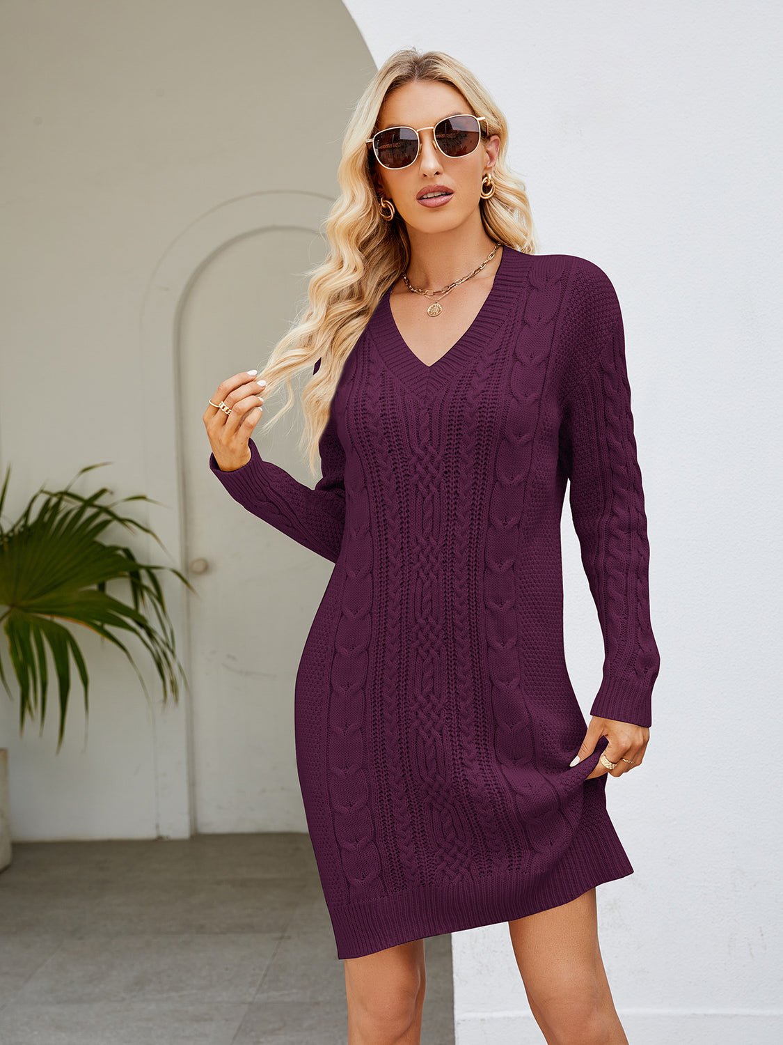 Cable - Knit V - Neck Mini Sweater Dress - Admiresty