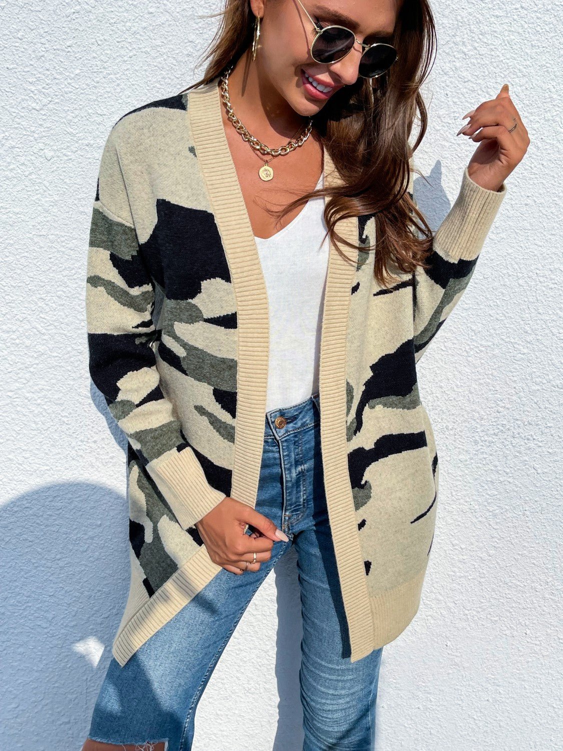 Camouflaged Dropped Shoulder Open Front Cardigan - Admiresty