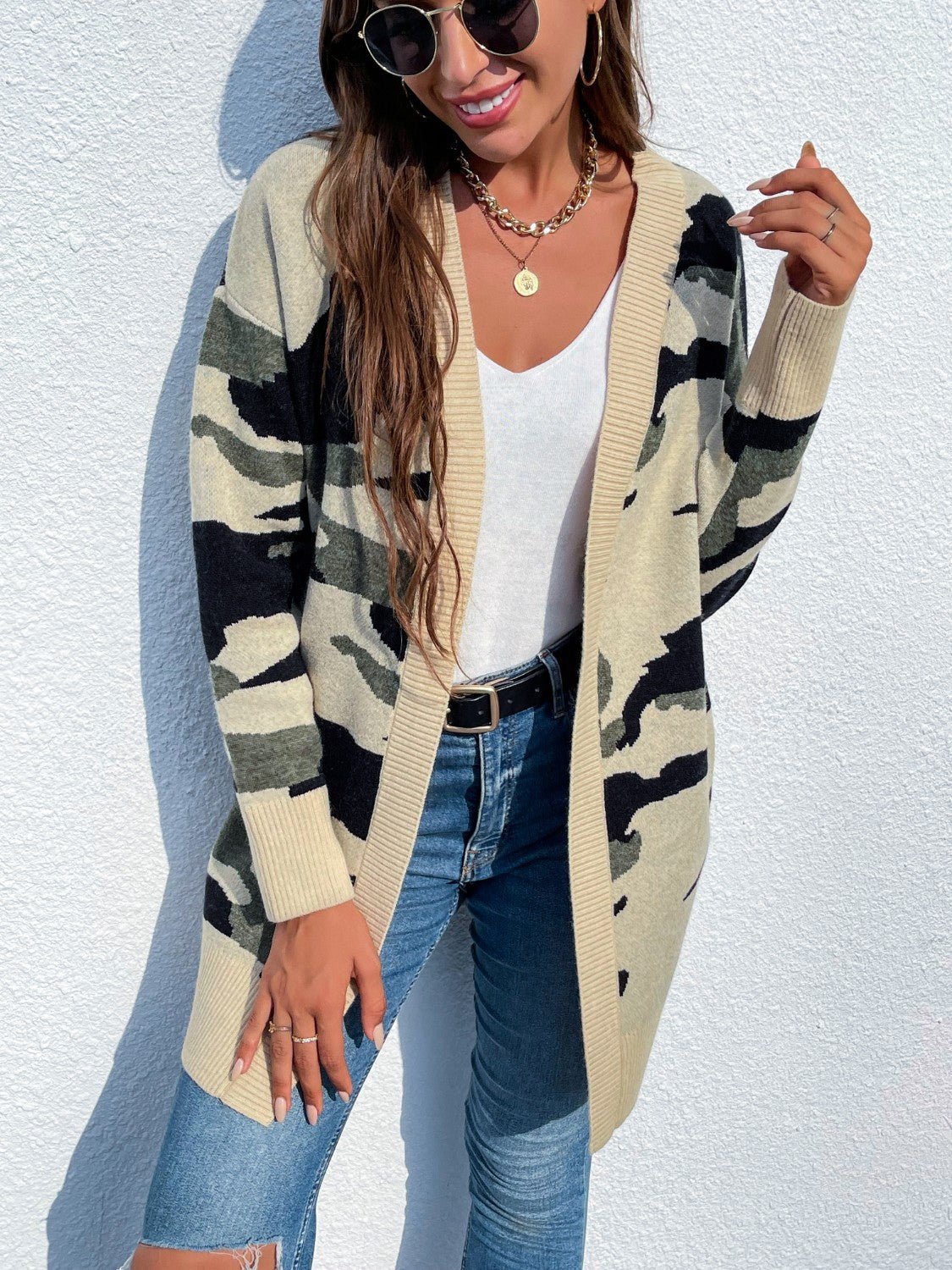 Camouflaged Dropped Shoulder Open Front Cardigan - Admiresty