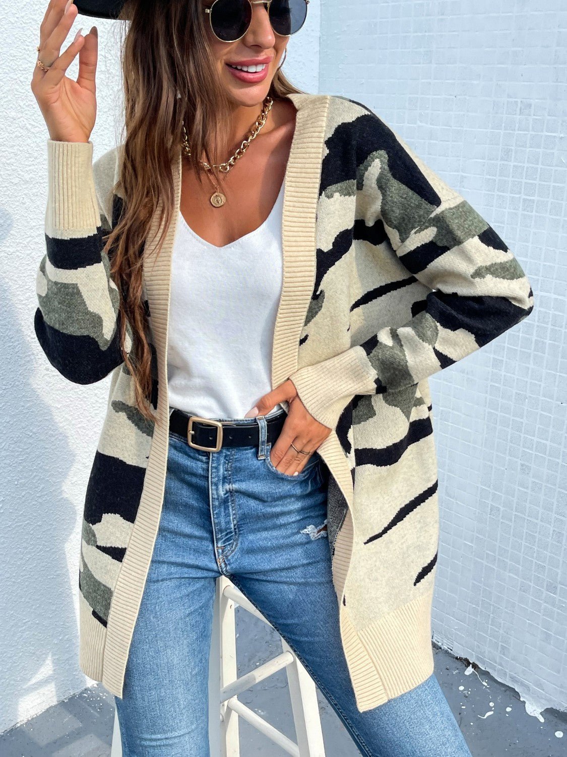 Camouflaged Dropped Shoulder Open Front Cardigan - Admiresty