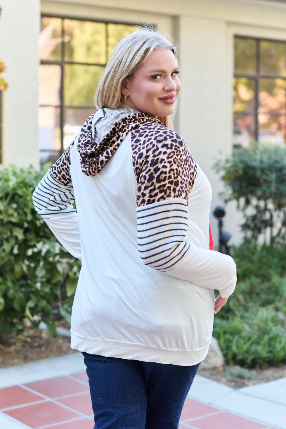 Celeste Design Full Size Leopard Contrast Drawstring Hoodie - Admiresty