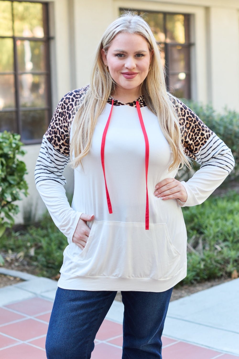 Celeste Design Full Size Leopard Contrast Drawstring Hoodie - Admiresty