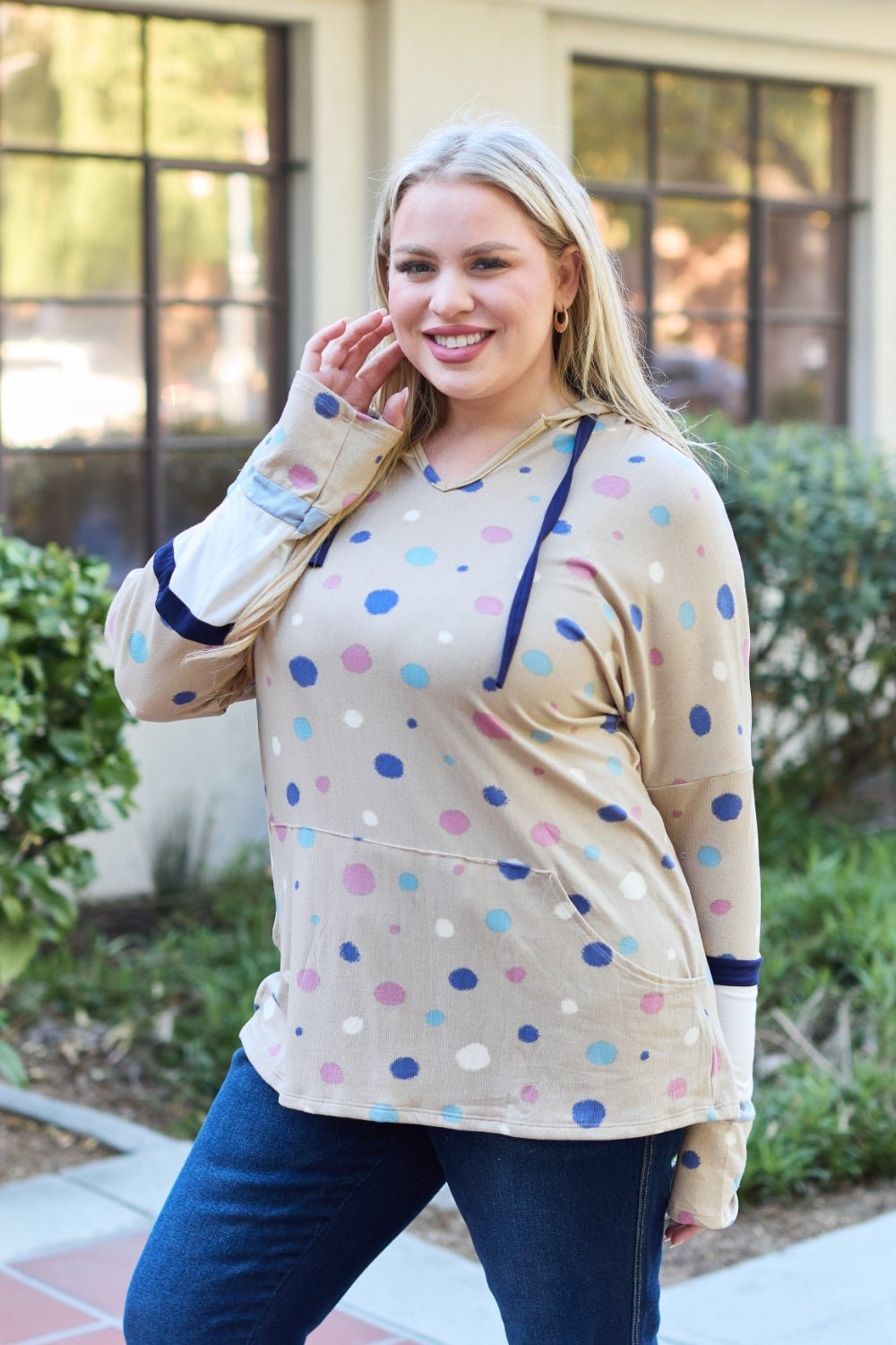 Celeste Design Full Size Polka Dot Drawstring Hoodie - Admiresty