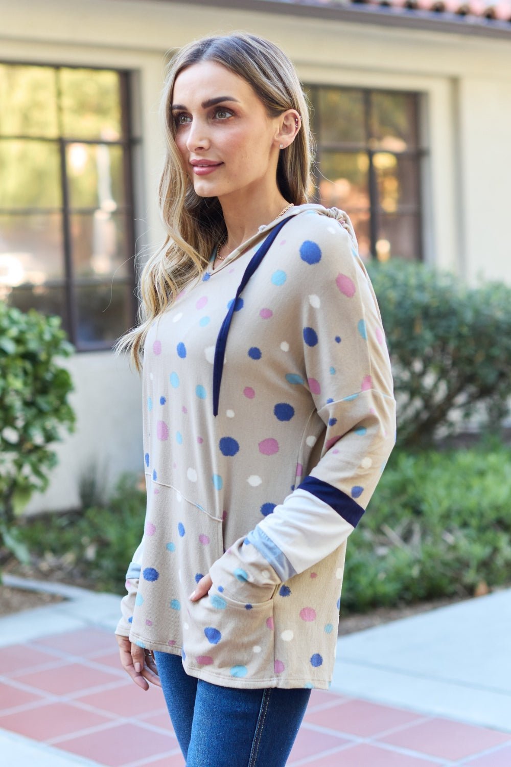 Celeste Design Full Size Polka Dot Drawstring Hoodie - Admiresty