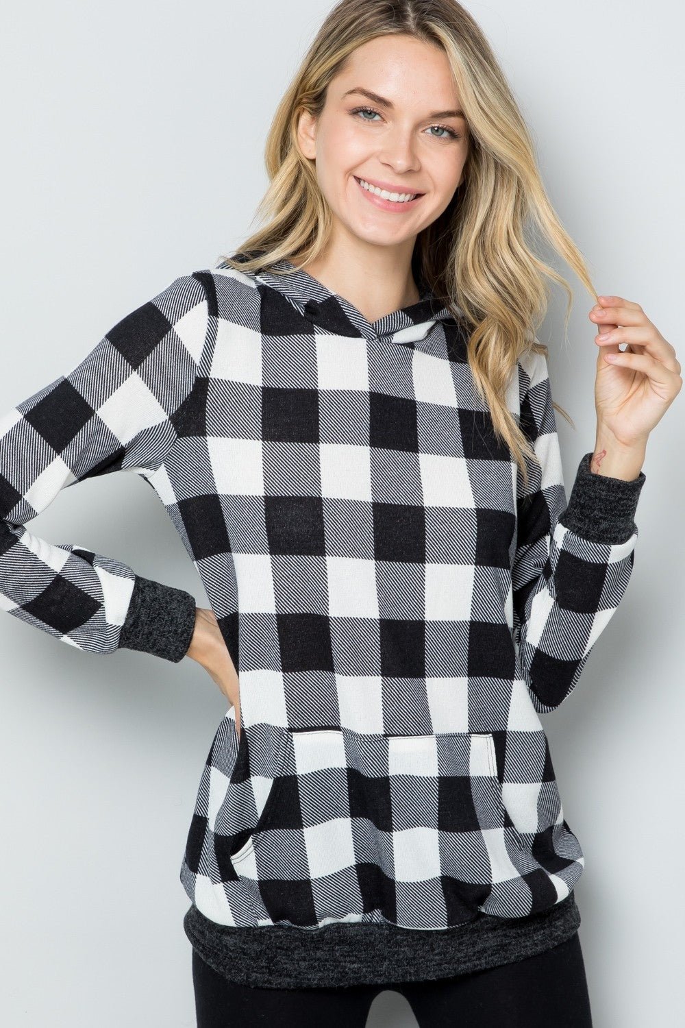 Celeste Full Size Contrast Plaid Long Sleeve Hoodie - Admiresty