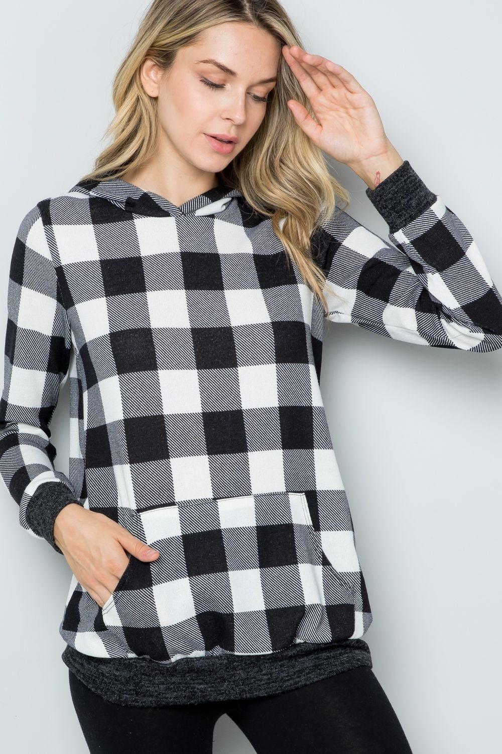 Celeste Full Size Contrast Plaid Long Sleeve Hoodie - Admiresty