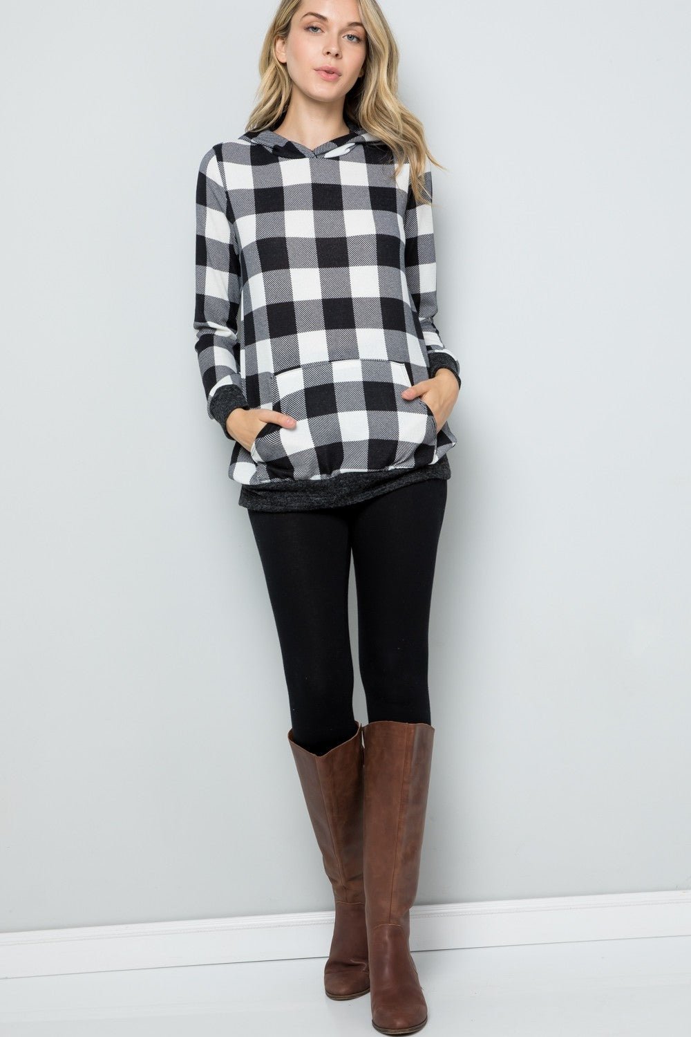 Celeste Full Size Contrast Plaid Long Sleeve Hoodie - Admiresty