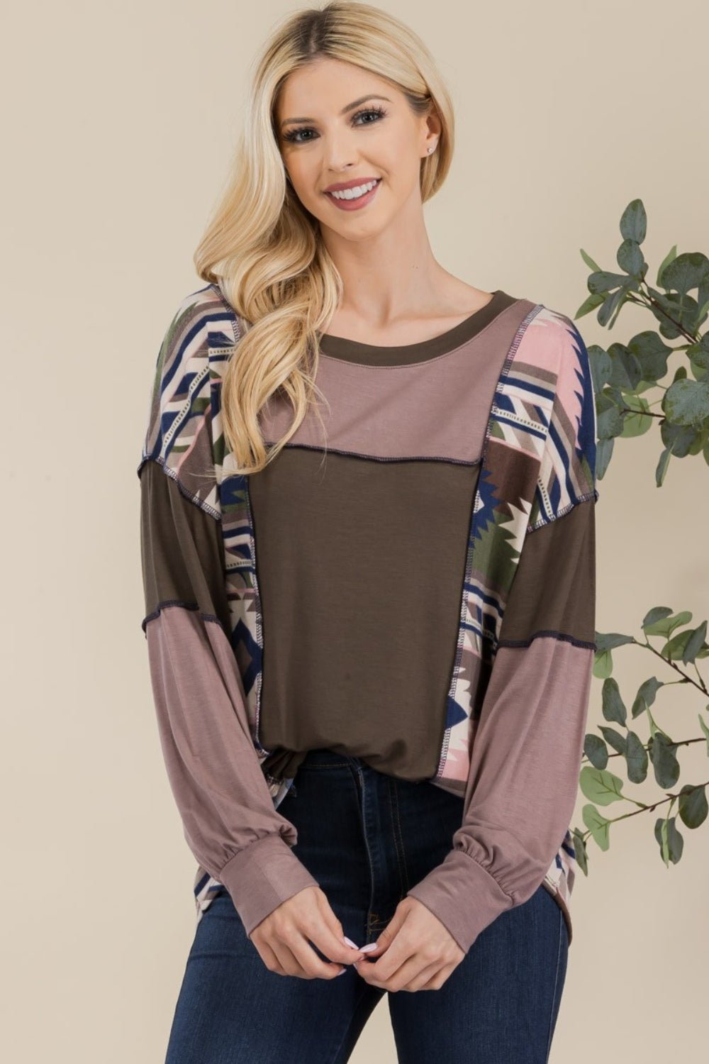 Celeste Full Size Exposed Seam Printed Color Block T-Shirt - Admiresty