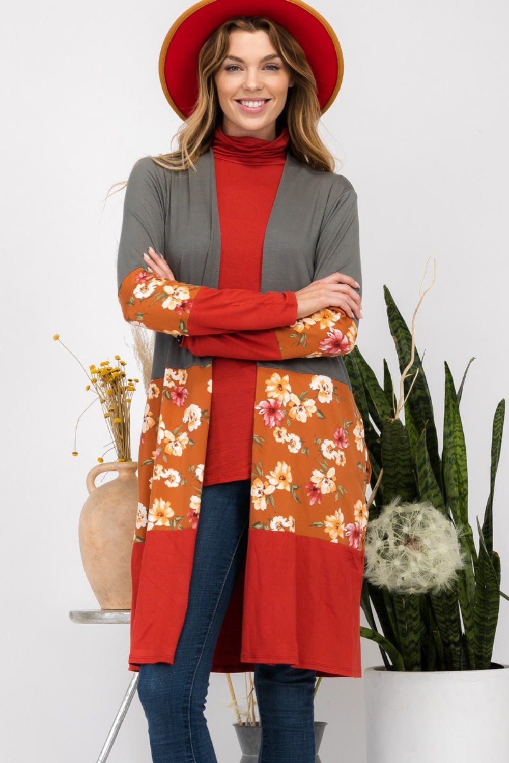 Celeste Full Size Floral Color Block Open Front Cardigan - Admiresty