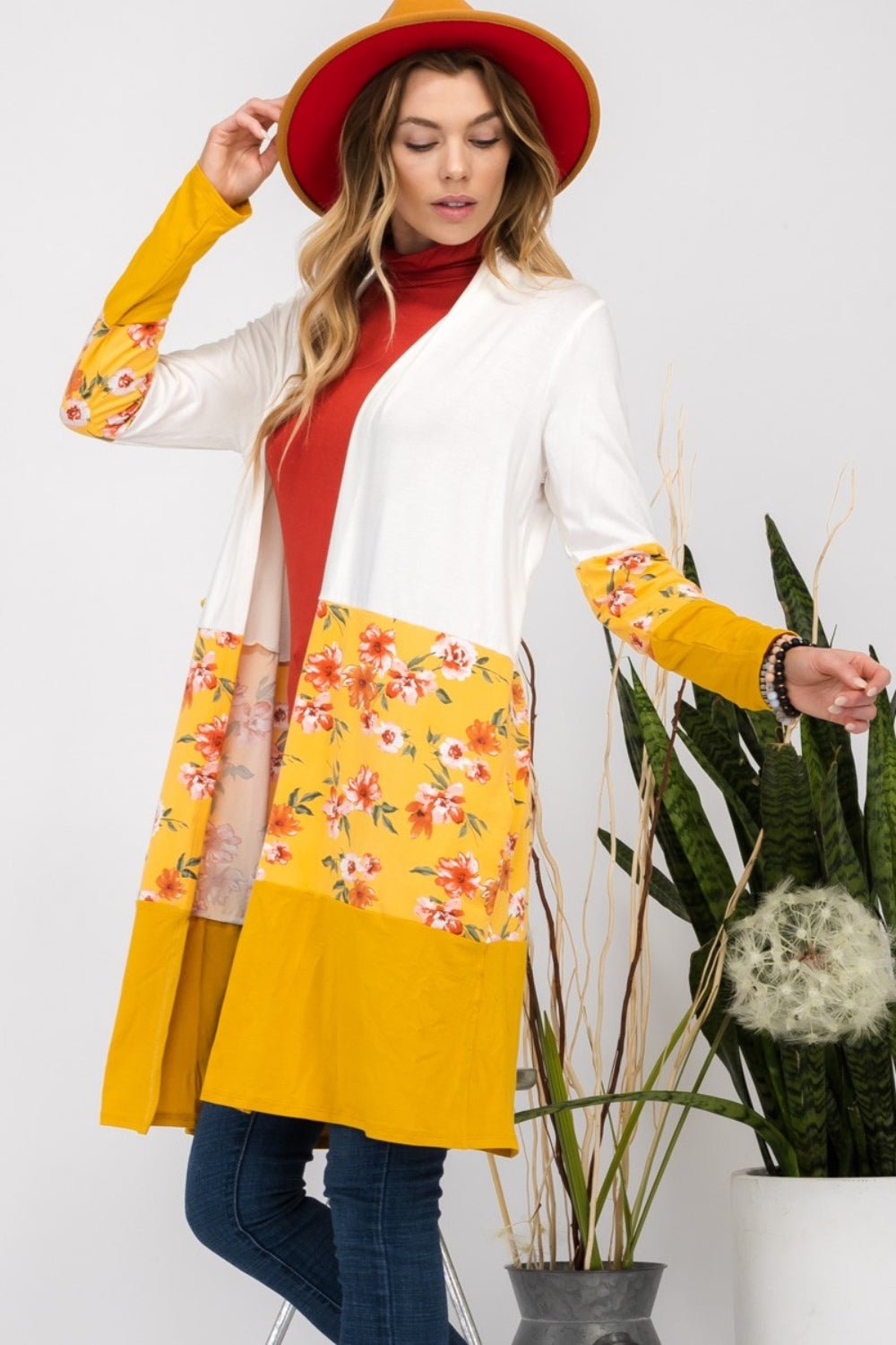 Celeste Full Size Floral Color Block Open Front Cardigan - Admiresty