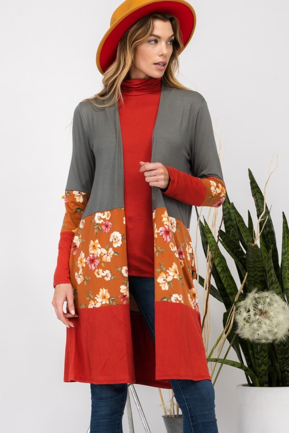 Celeste Full Size Floral Color Block Open Front Cardigan - Admiresty