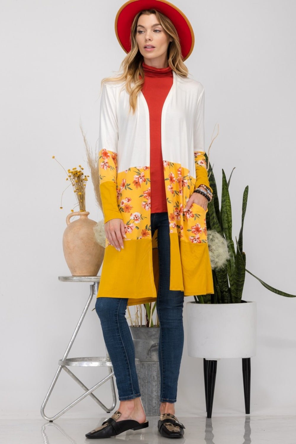 Celeste Full Size Floral Color Block Open Front Cardigan - Admiresty