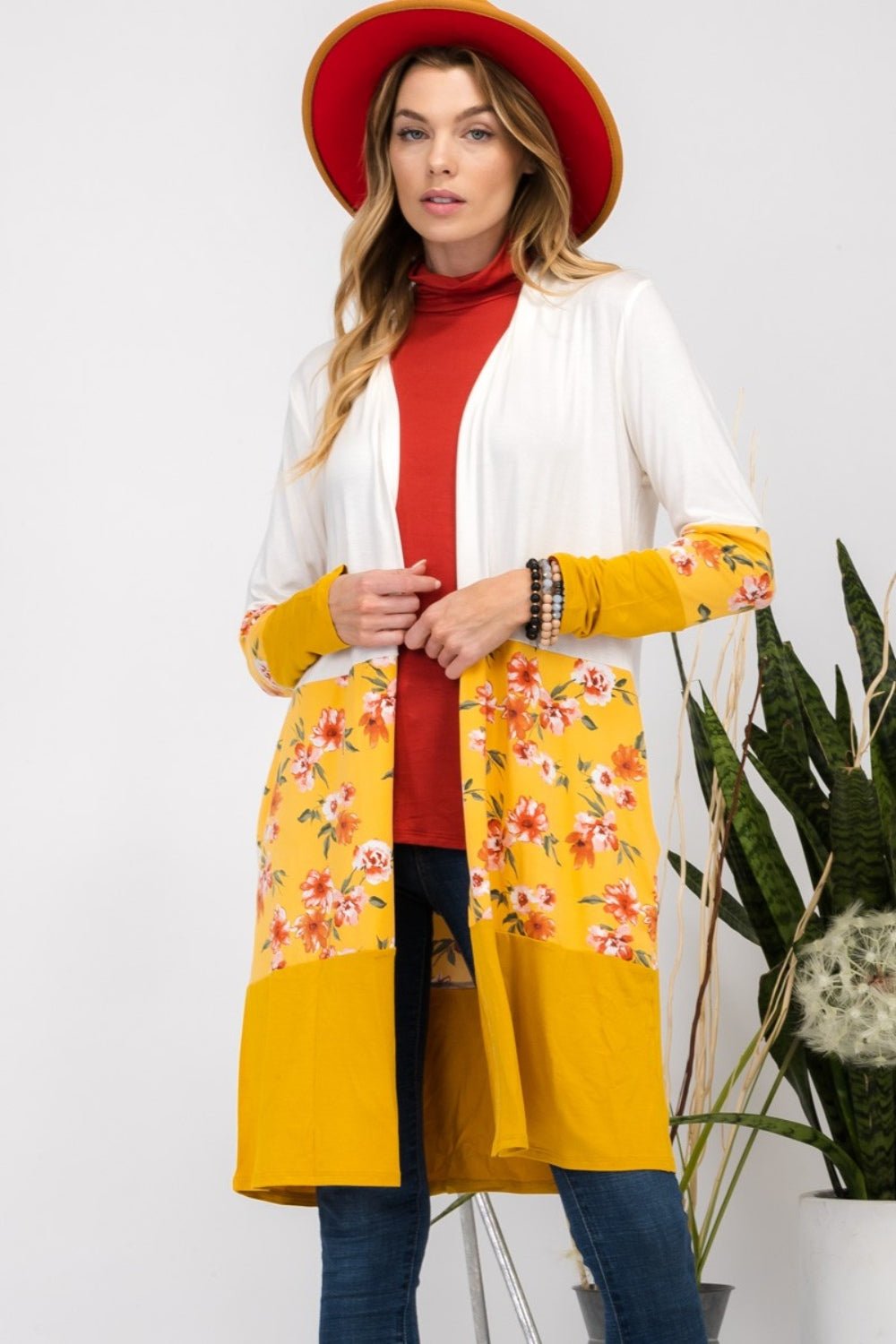 Celeste Full Size Floral Color Block Open Front Cardigan - Admiresty