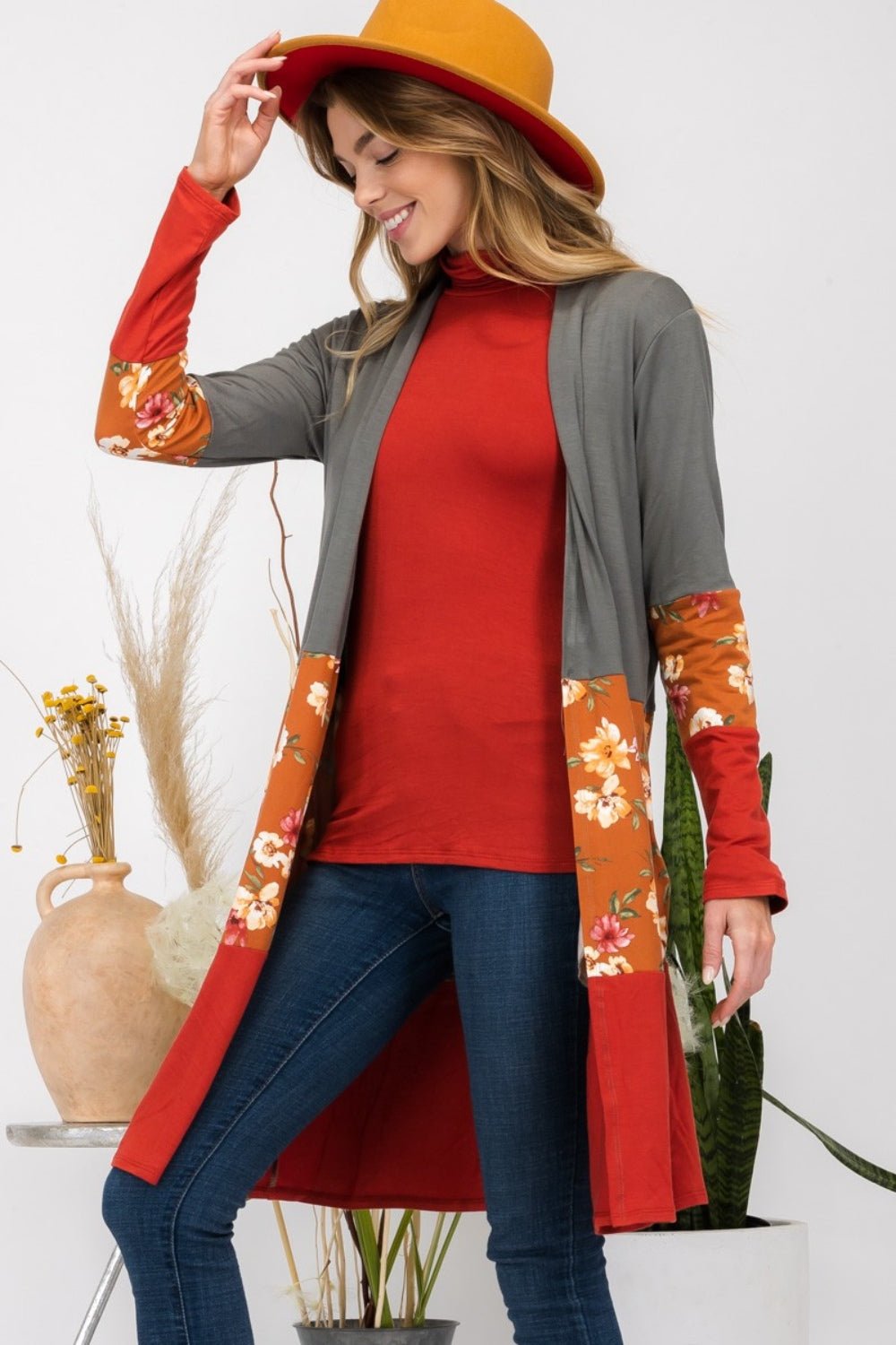 Celeste Full Size Floral Color Block Open Front Cardigan - Admiresty