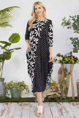 Celeste Full Size Floral Polka Dot Contrast Midi - Dress with Pockets - Admiresty