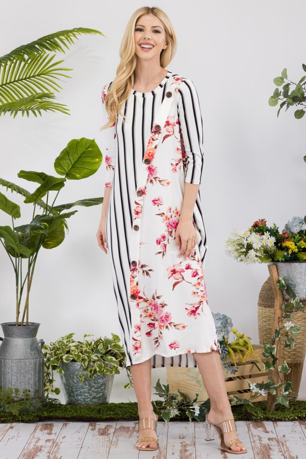 Celeste Full Size Floral Striped Contrast Midi - Dress with Pockets - Admiresty