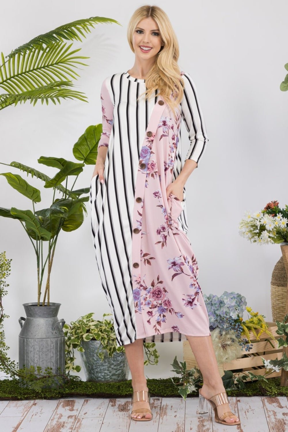 Celeste Full Size Floral Striped Contrast Midi - Dress with Pockets - Admiresty