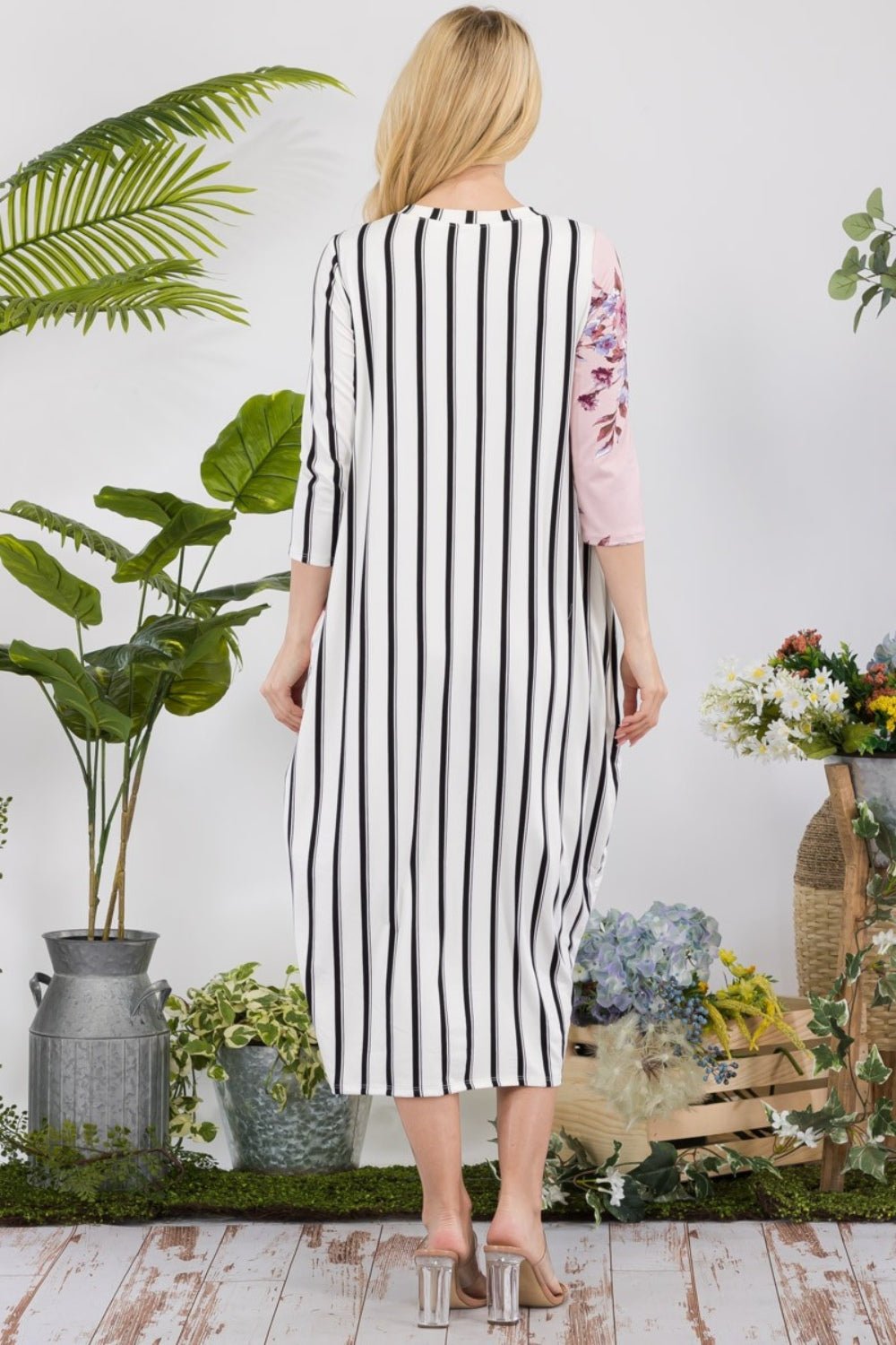 Celeste Full Size Floral Striped Contrast Midi - Dress with Pockets - Admiresty