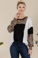 Celeste Full Size Leopard Color Block Exposed Seam T-Shirt - Admiresty