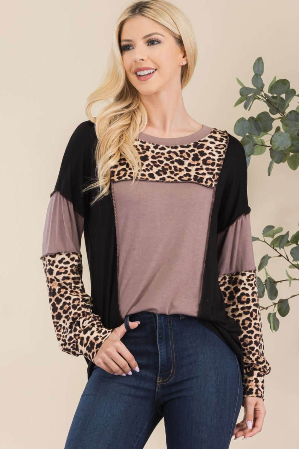 Celeste Full Size Leopard Color Block Exposed Seam T-Shirt - Admiresty