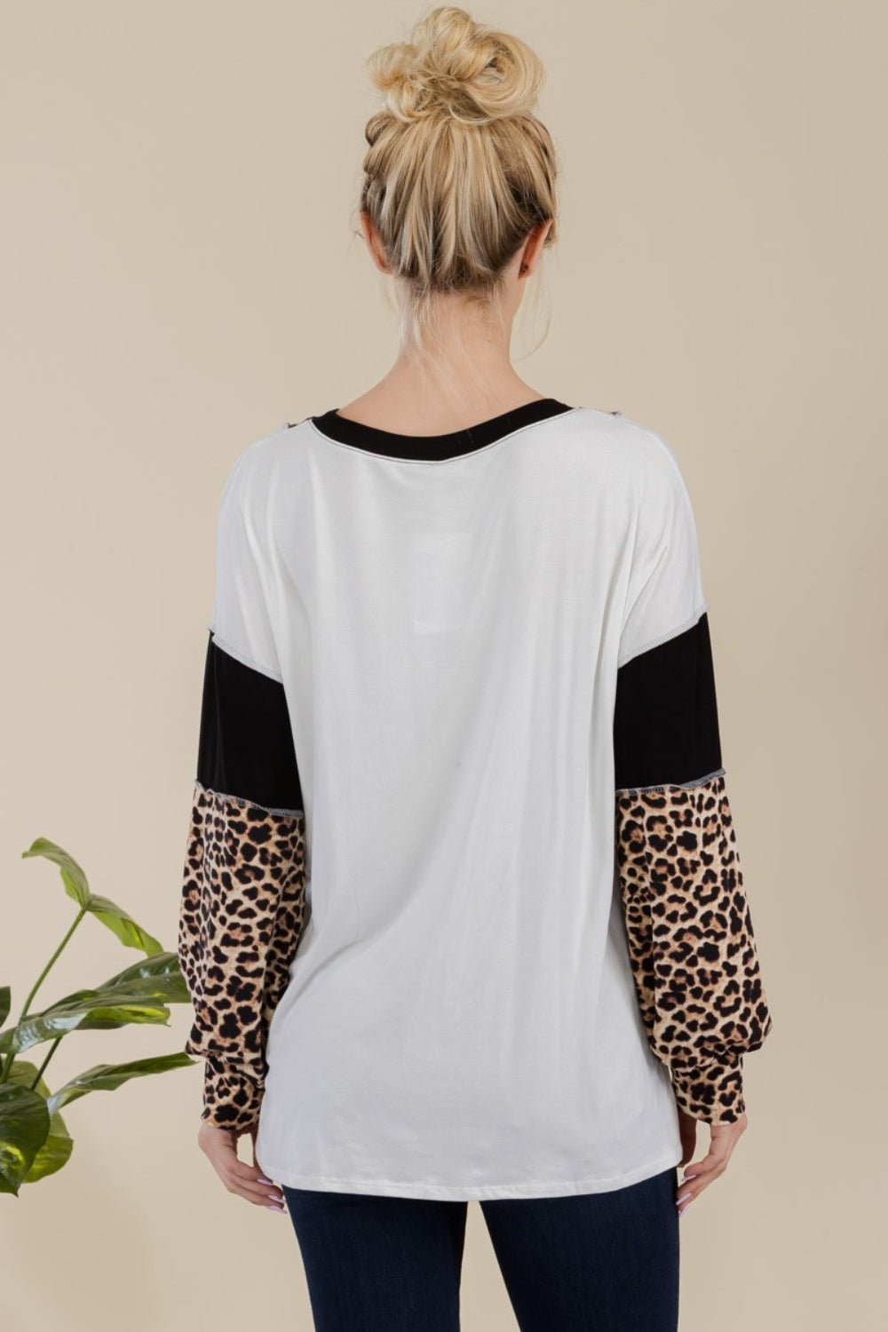 Celeste Full Size Leopard Color Block Exposed Seam T-Shirt - Admiresty