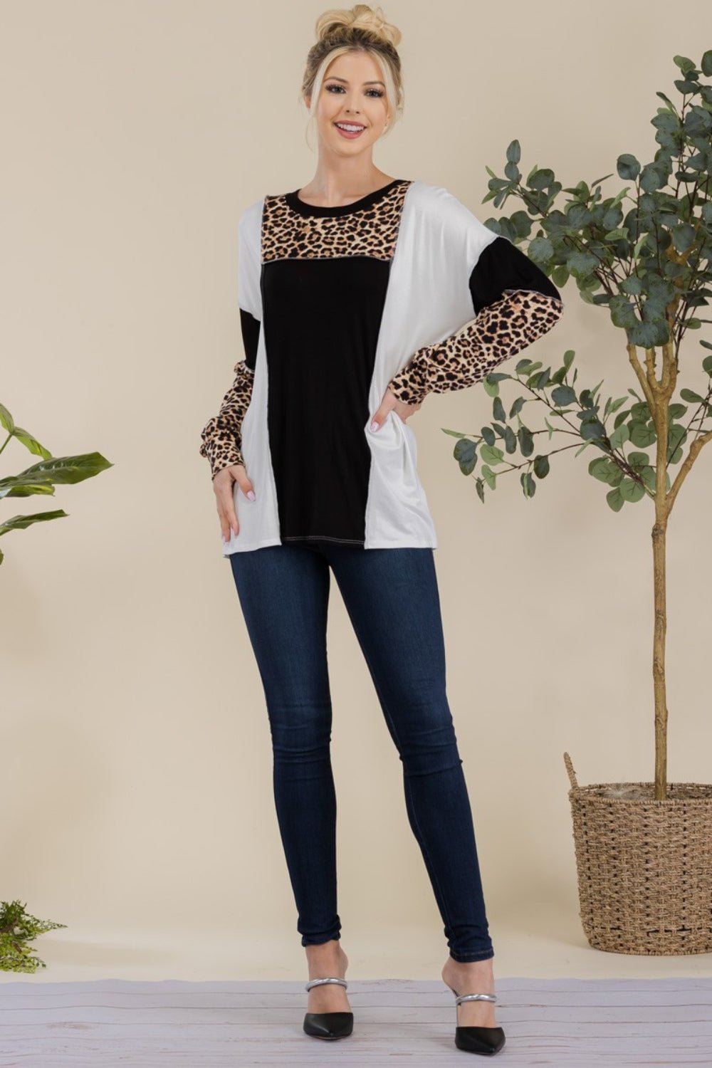 Celeste Full Size Leopard Color Block Exposed Seam T-Shirt - Admiresty