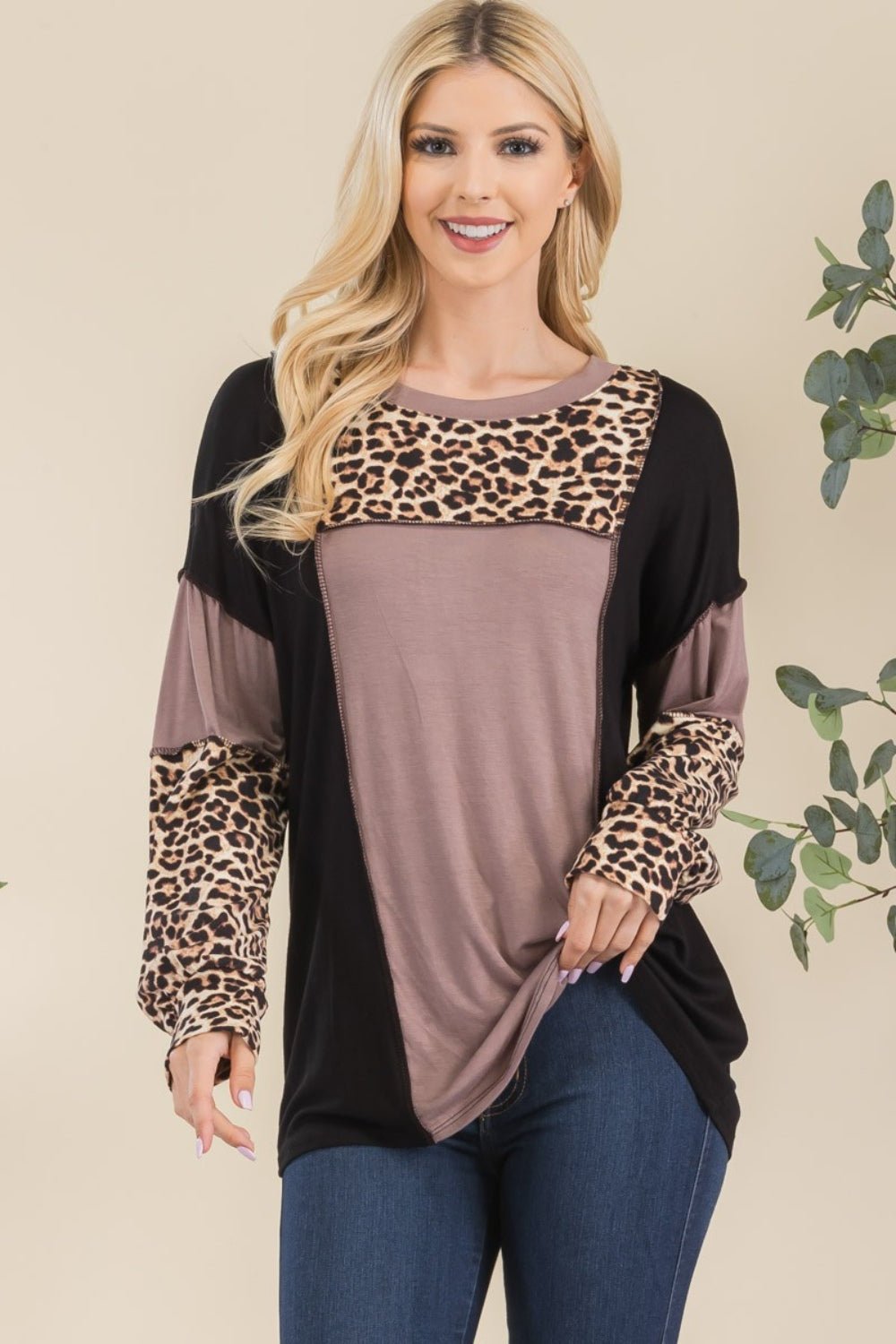 Celeste Full Size Leopard Color Block Exposed Seam T-Shirt - Admiresty