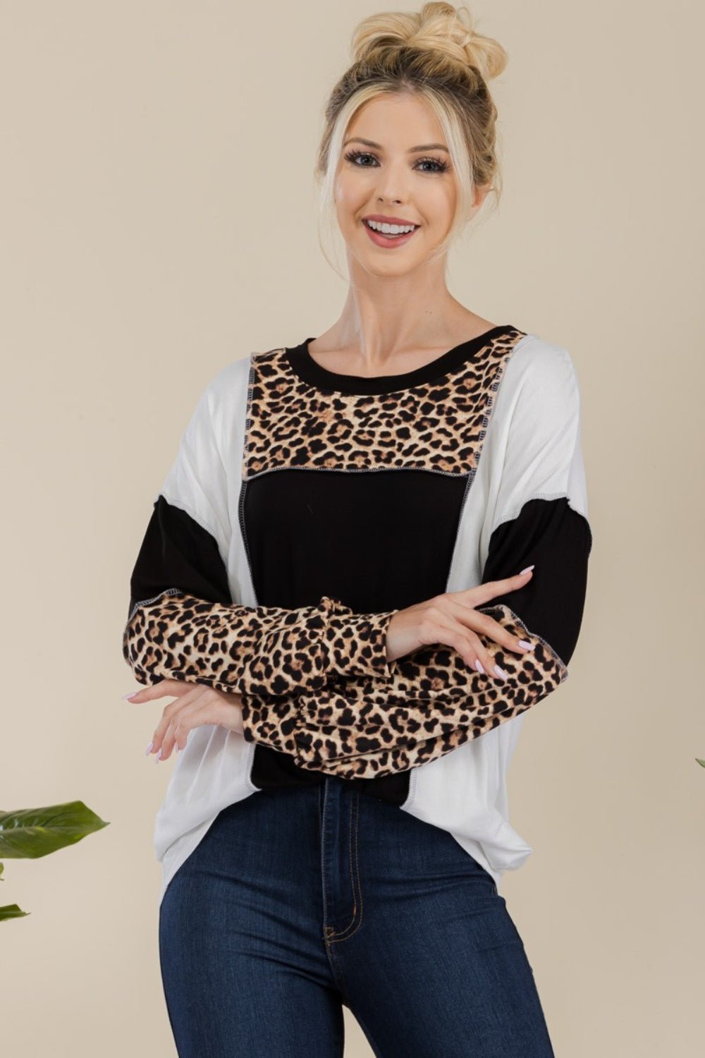 Celeste Full Size Leopard Color Block Exposed Seam T-Shirt - Admiresty