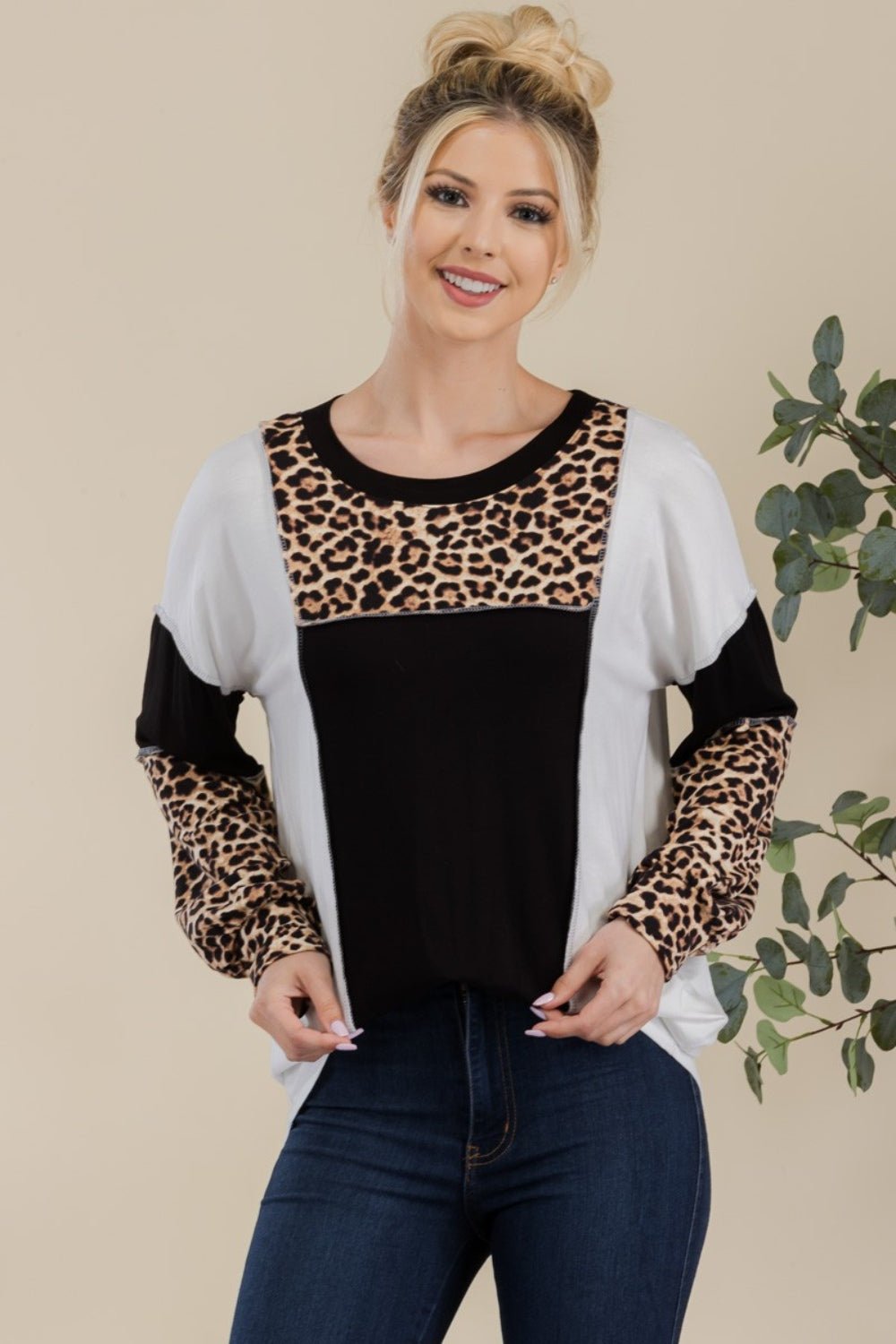 Celeste Full Size Leopard Color Block Exposed Seam T-Shirt - Admiresty